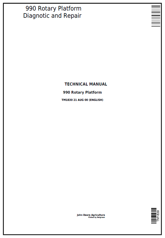 John Deere 990 Rotary Platform Diagnostic and Repair Technical Manual TM1830 PDF