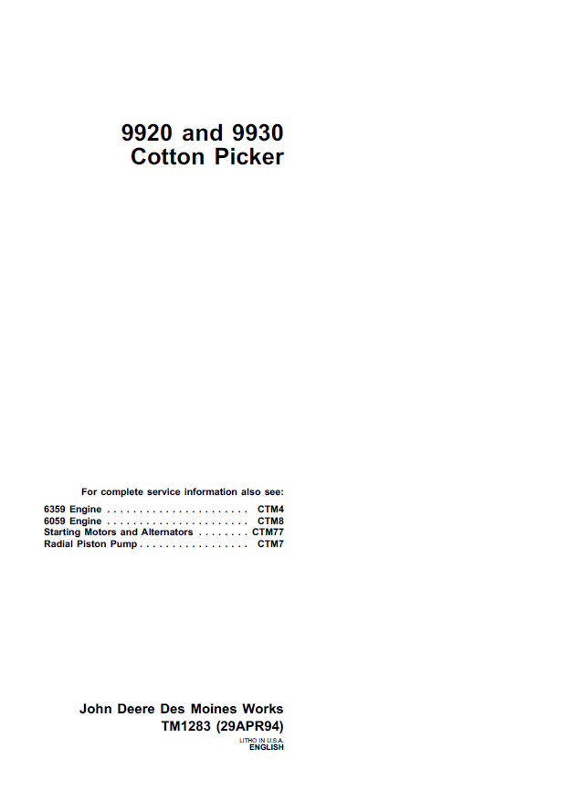 John Deere Cotton Picker 9920 and 9930 Technical Manual TM1283 PDF