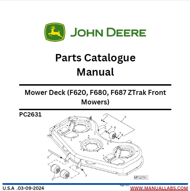 John Deere F620, F680, F687 F620, F680, F687 ZTrak Front Mower Deck Parts Catalogue Manual PC2631 PDF
