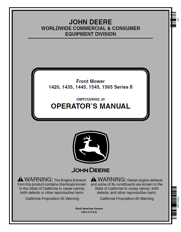 John Deere Front Mower 1420, 1435, 1445, 1545, 1565 Series II Operator Manual OMTCU29562 PDF