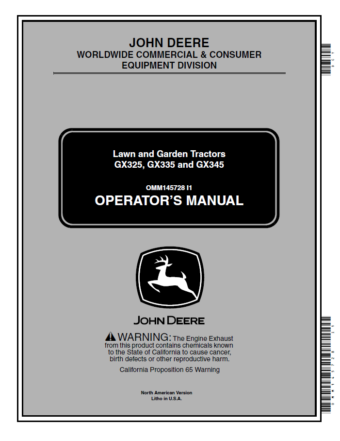 John Deere GX325, GX335 and GX345 Lawn and Garden Tractors Operator Manual OMM145728 PDF