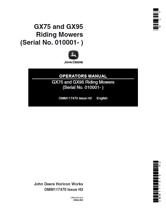 John Deere GX75 and GX95 Riding Mowers Operator Manual OMM117470 PDF