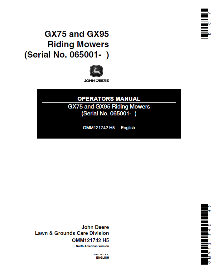 John Deere GX75 and GX95 Riding Mowers Operator Manual OMM121742 PDF