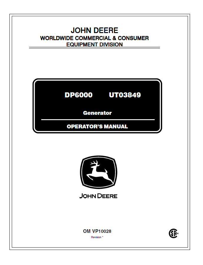 John Deere Generator DP6000 and UT03849 Operator Manual OMVP10028 PDF
