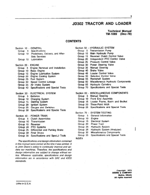 John Deere JD302 Tractor Loader Technical Repair Manual TM1089