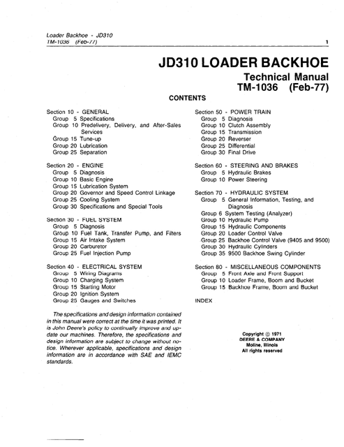 John Deere JD310 Backhoe Loader Repair & Maintenance Manual TM1036
