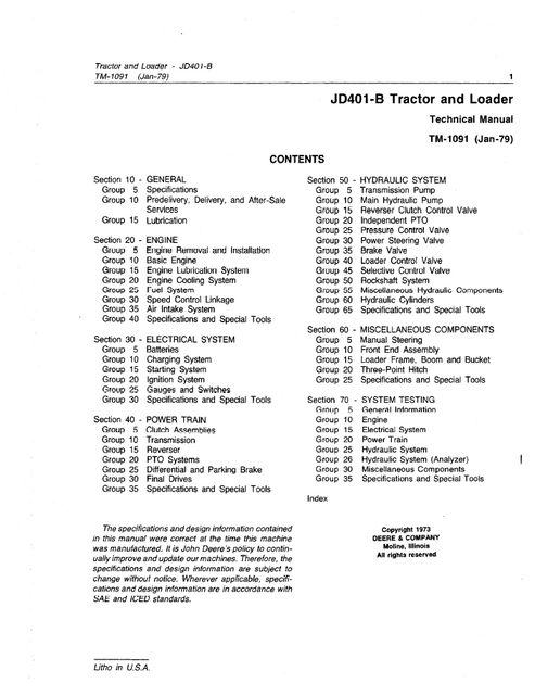 John Deere JD401-B Tractor Loader Technical Repair Manual TM1091