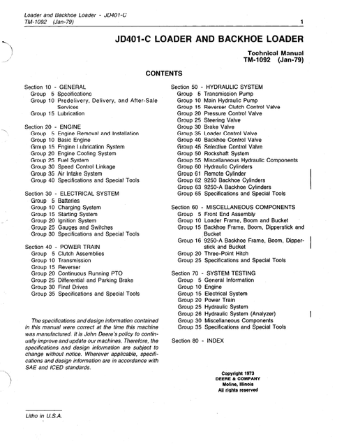 John Deere JD401-C Backhoe Loader Repair & Maintenance Manual TM1092