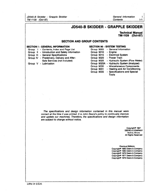 John Deere JD540-B Grapple Skidder Testing Manual TM1139 PDF