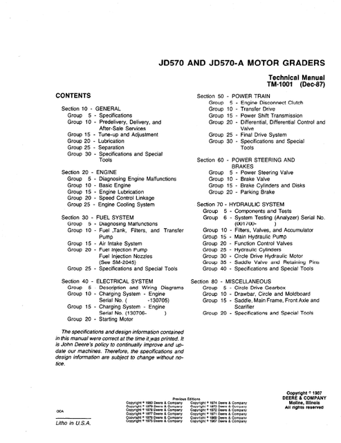 John Deere JD570 JD570A Motor Grader Technical Repair Manual TM1001