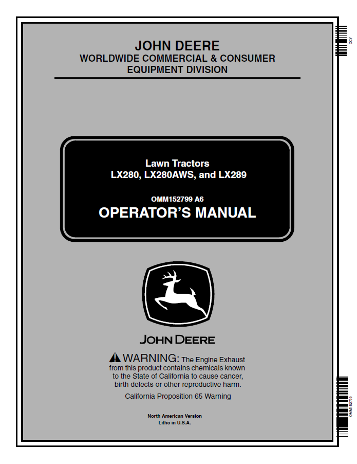 John Deere LX280, LX280AWS, and LX289 Lawn Tractors Operator Manual OMM152799 PDF