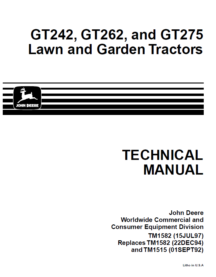 John Deere Lawn and Garden Tractors GT242, GT262, and GT275 Technical Manual TM1582 PDF