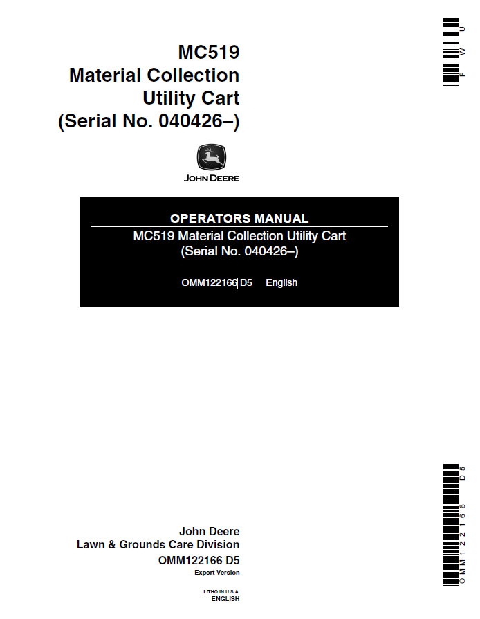 John Deere MC519 Material Collection Utility Cart Operator Manual OMM122166 PDF