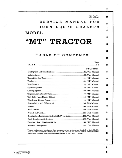 John Deere MT Tractor Workshop Service Manual SM2002