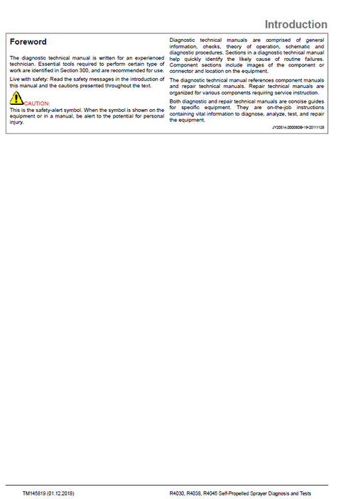 John Deere R4030 R4038 R4045 Self-Propelled Sprayer Technical Manual