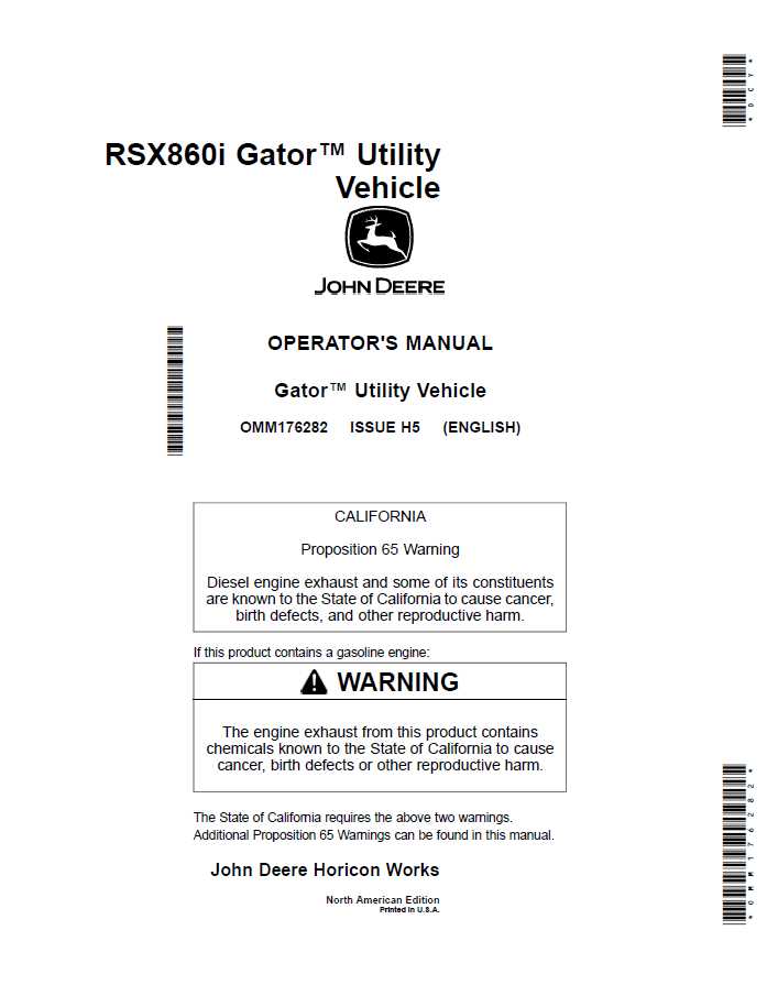 John Deere RSX860i Gator™ Utility Vehicle Operator Manual OMM176282 PDF