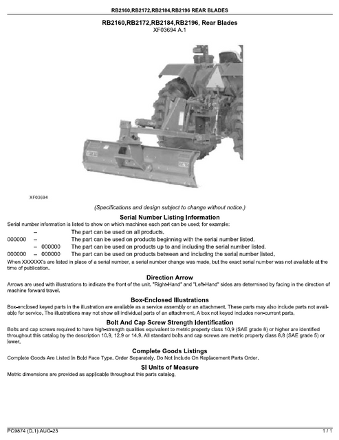 John Deere Rear Blade RB2160-RB2196 Parts Manual PDF