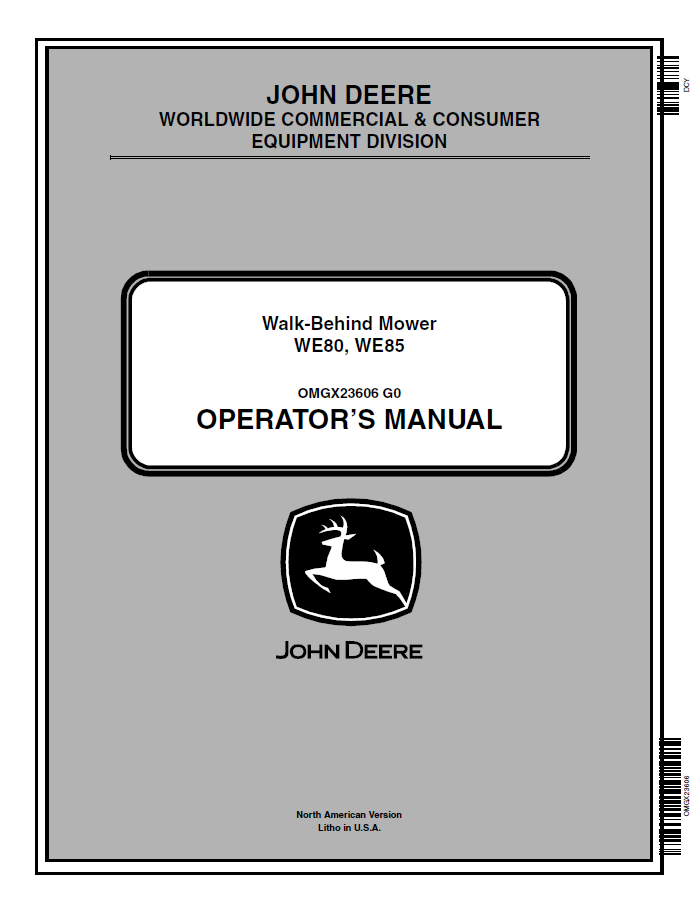 John Deere WE80, WE85 Walk-Behind Mower Operator Manual OMGX23606 PDF