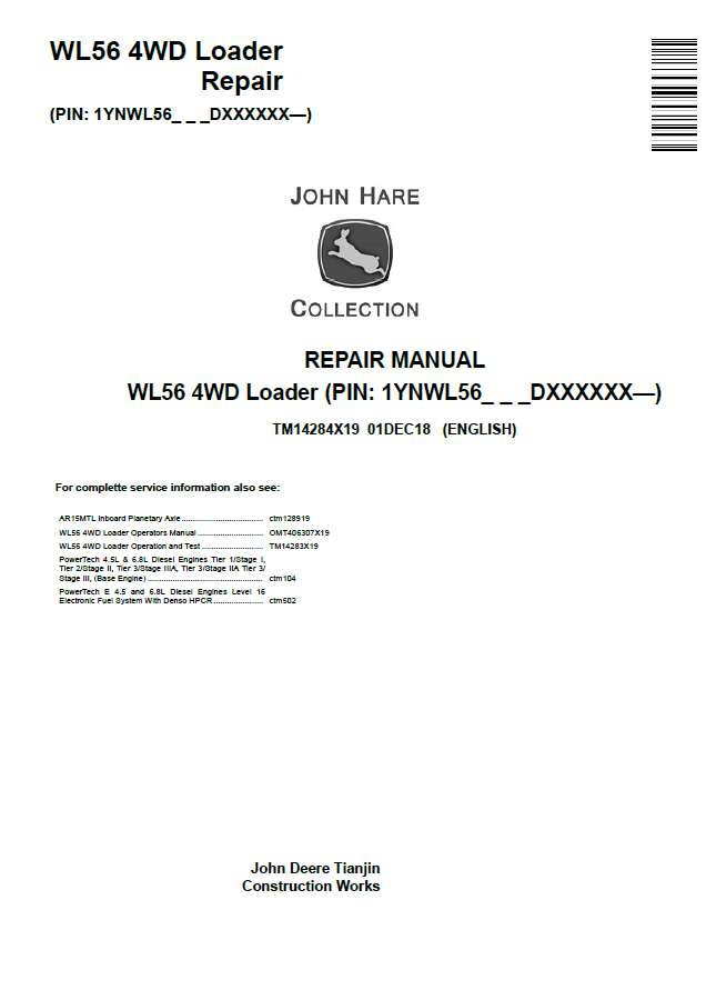 John Deere WL56 4WD Loader Repair Manual TM14284X19 PDF