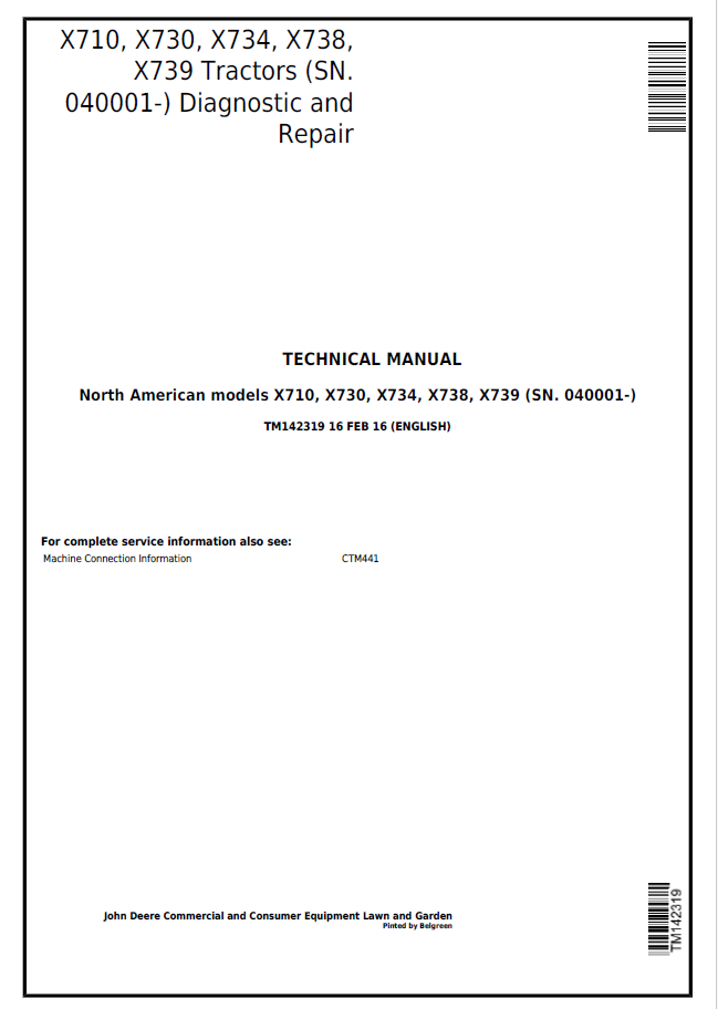 John Deere X710, X730, X734, X738, X739 Tractor Technical Manual TM142319 PDF