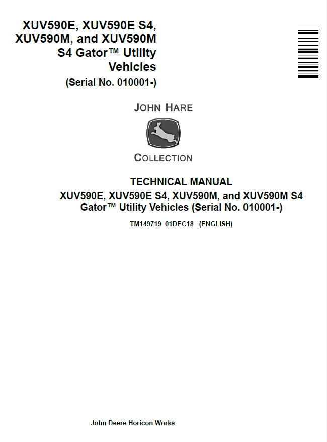 John Deere XUV590E, XUV590E S4, XUV590M, and XUV590M S4 Gator Utility Vehicle Technical Manual TM149719 PDF