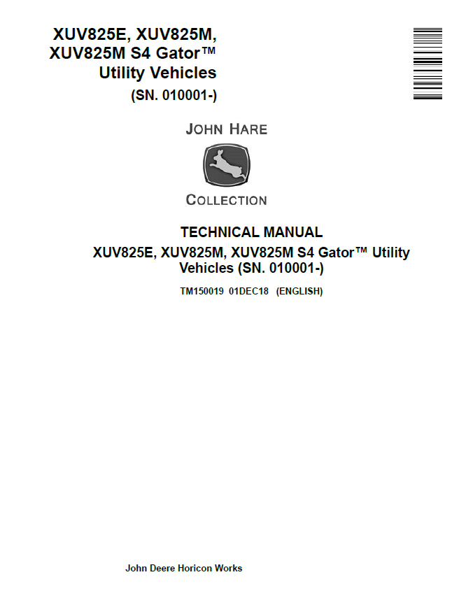 John Deere XUV825E, XUV825M, XUV825M S4 Gator Utility Vehicle Technical Manual TM150019 PDF