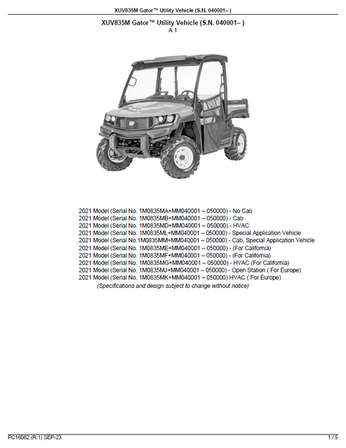 John Deere XUV835M Gator Utility Vehicle Parts Manual PDF