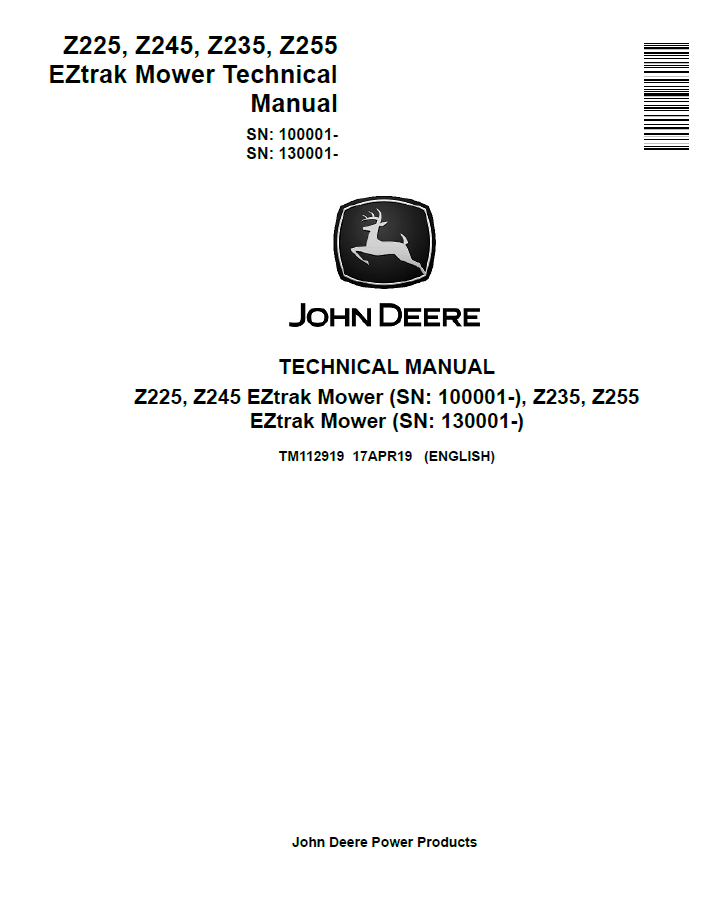 John Deere Z225, Z245, Z235, Z255 EZtrak Mower Technical Manual TM112919 PDF