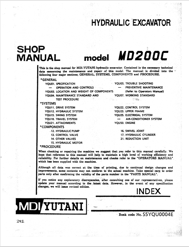 KOBELCO MD200C HYDRAULIC EXCAVATOR SHOP MANUAL PDF
