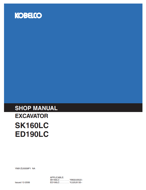 KOBELCO SK160LC, ED190LC HYDRAULIC EXCAVATOR SHOP MANUAL PDF
