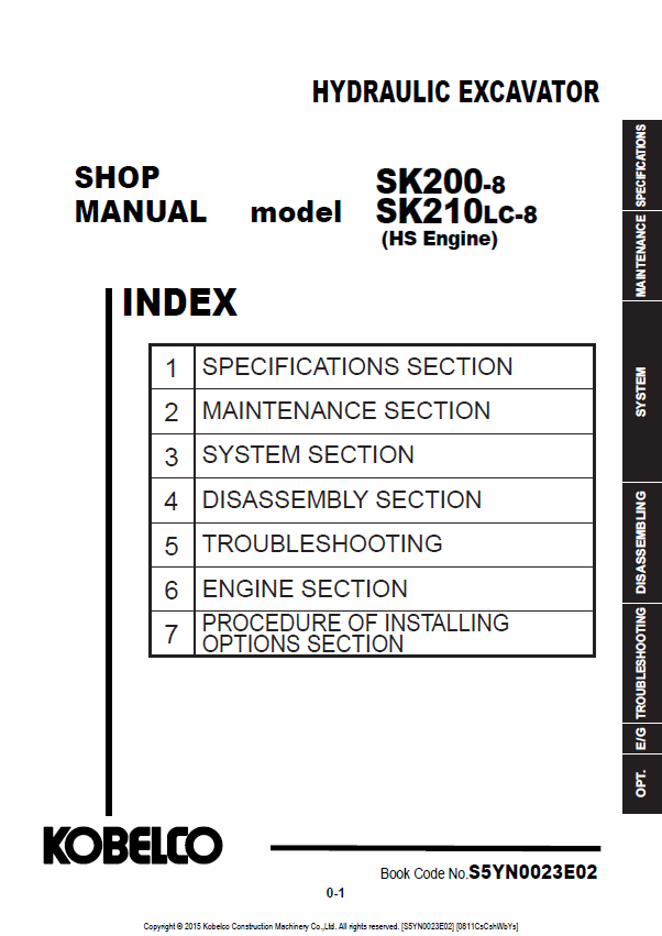 KOBELCO SK200-8, SK210LC-8 HS ENGINE HYDRAULIC EXCAVATOR SHOP MANUAL PDF
