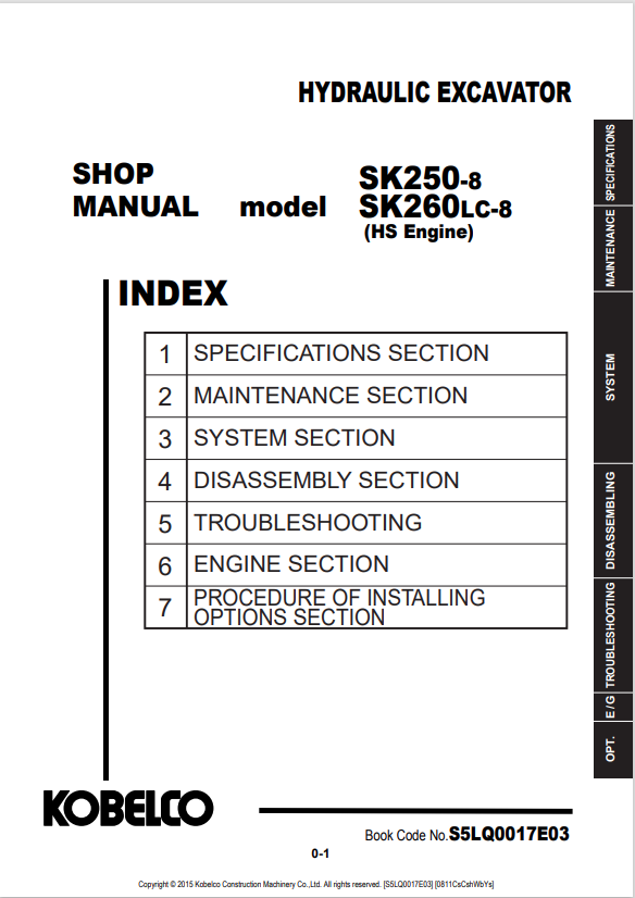 KOBELCO SK250-8, SK260LC-8 HS ENGINE HYDRAULIC EXCAVATOR SERVICE MANUAL PDF