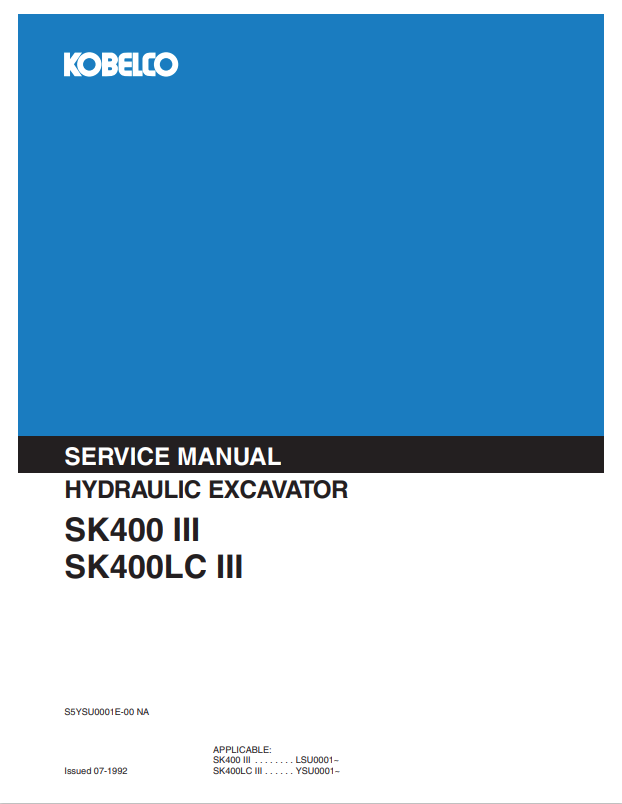 KOBELCO SK400 III, SK400LC III HYDRAULIC EXCAVATOR SERVICE MANUAL PDF