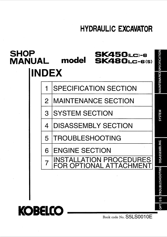 KOBELCO SK450LC-6, SK480LC-6S HYDRAULIC EXCAVATOR SERVICE MANUAL PDF