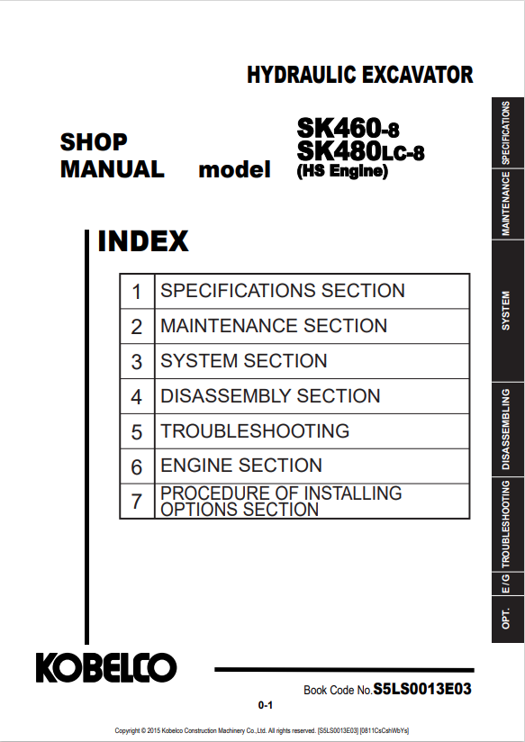 KOBELCO SK460-8, SK480LC-8 HYDRAULIC EXCAVATOR SERVICE MANUAL PDF