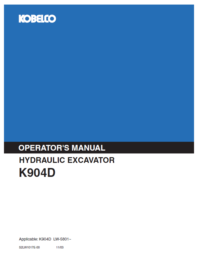 Kobelco Machine Hydraulic Excavator K904D Operator Manual PDF