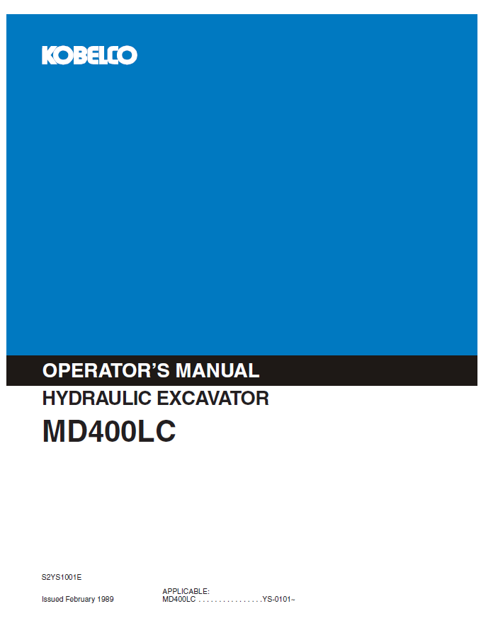 Kobelco Machine Hydraulic Excavator MD400LC Operator Manual PDF