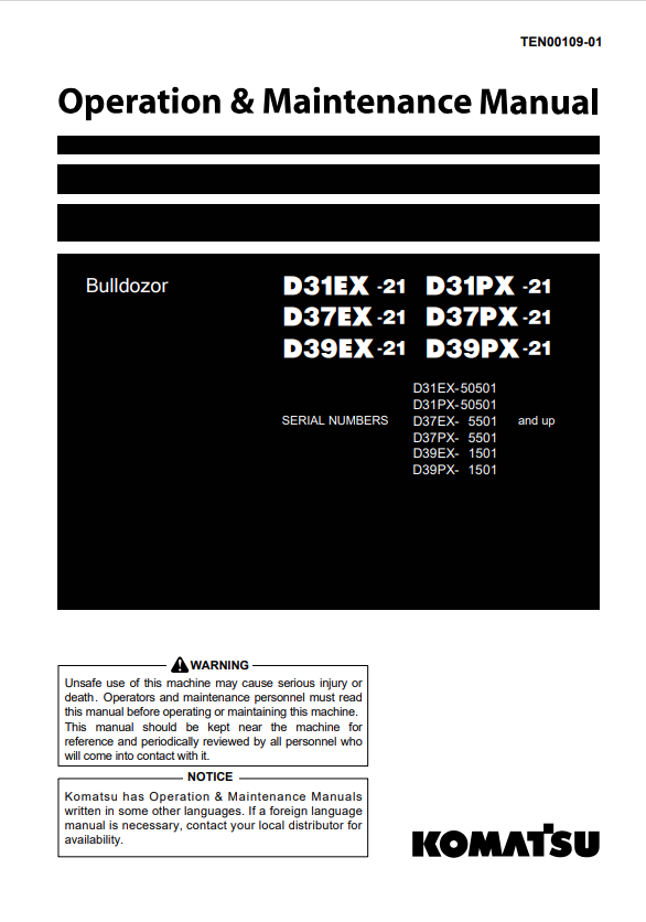 Komatsu D37EX-21A Crawler Dozer Operation And Maintenance Manual S/N 5501-UP - PDF File