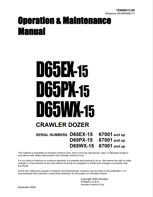 Komatsu D65EX-15, D65PX-15, D65WX-15 Bulldozer Sn 67001-Up Operation And Maintenance Manual - PDF File