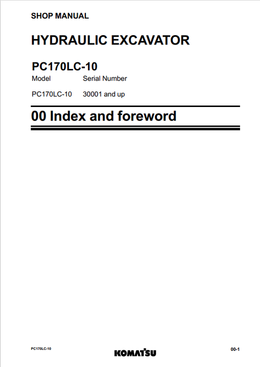 Komatsu PC170LC-10 Excavator Service & Repair Manual 30001-UP