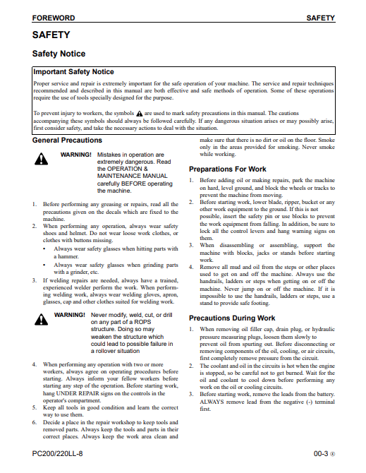Komatsu PC200LL-8 and PC220LL-8 Hydraulic Excavator Repair Manual