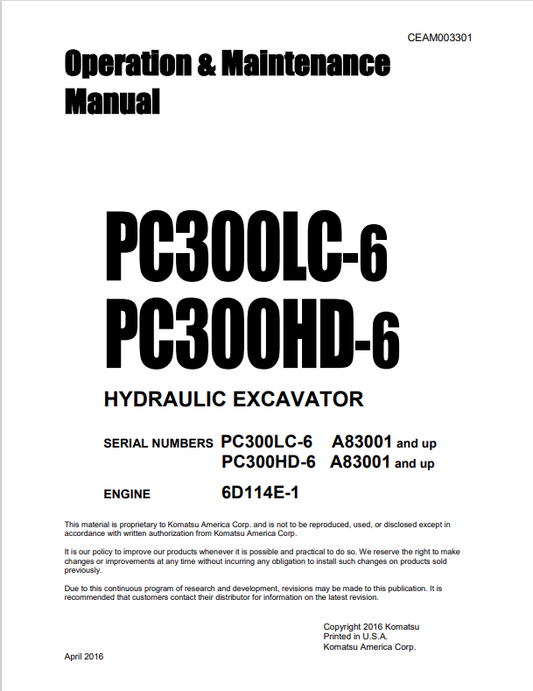 Komatsu PC300LC-6LE & PC300HD-6LE Excavator Operator Manual