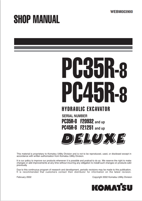 Komatsu PC35R-8, PC45R-8 (Deluxe) Hydraulic Excavator Shop Manual SN: F20932-up, F21251-up - PDF File