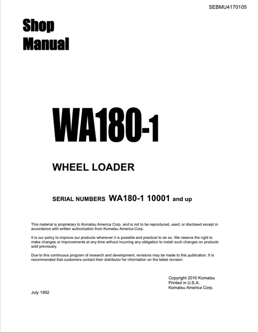 Komatsu WA180-1 Wheel Loader Service & Repair Manual PDF