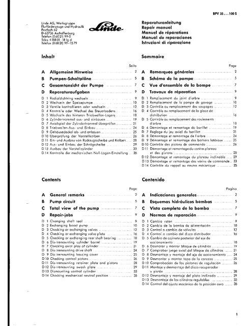 Linde BPV Series Hydraulic Pump Technical Repair Manual TM2226