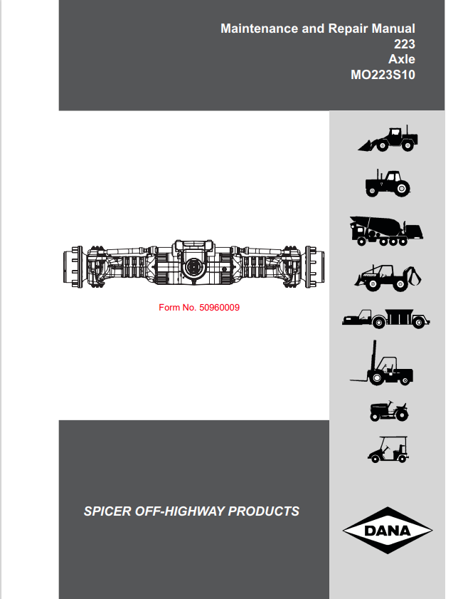 MUSTANG 223, AXLE MO223S10 TELEHANDLER MAINTENANCE AND REPAIR MANUAL 509600 - PDF