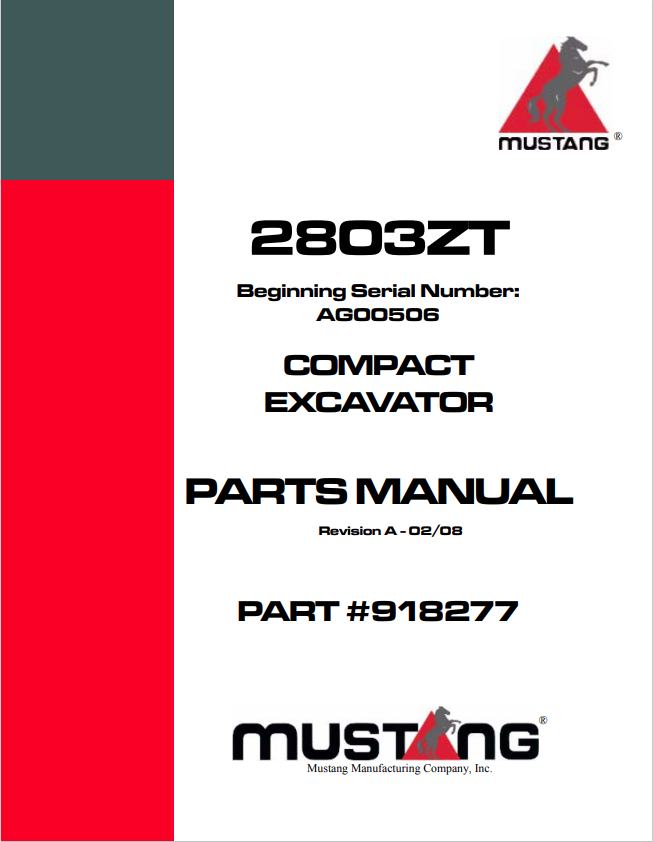 MUSTANG 2803ZT COMPACT EXCAVATOR PARTS MANUAL 918277 - PDF