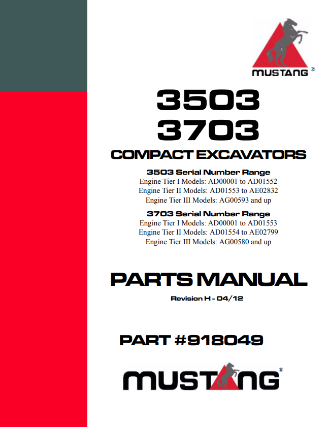 MUSTANG 3503, 3703 COMPACT EXCAVATOR PARTS MANUAL 918049 - PDF