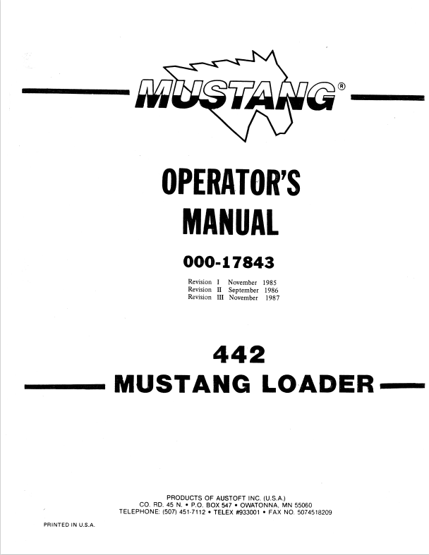 MUSTANG 442 LOADER OPERATOR MANUAL 000-17843 - PDF