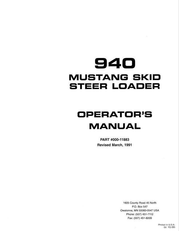 MUSTANG 940 SKID STEER LOADER OPERATOR MANUAL 000-11883- PDF